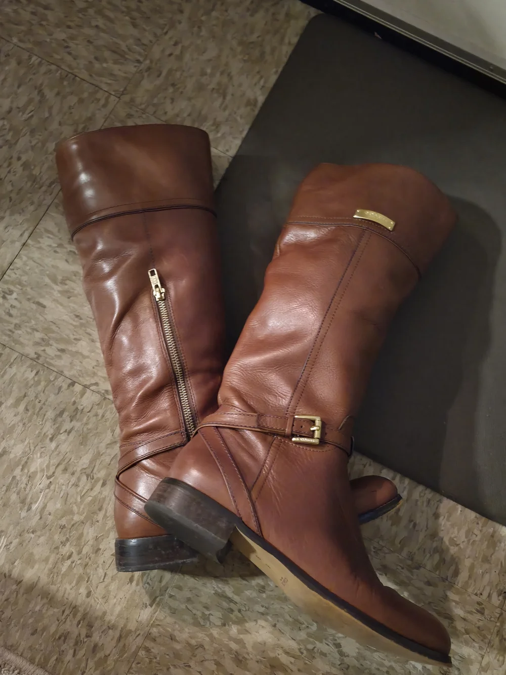 Coach 'Micha Chestnut Brown Leather Tall Riding Boots w/ Crossed Buckle Straps